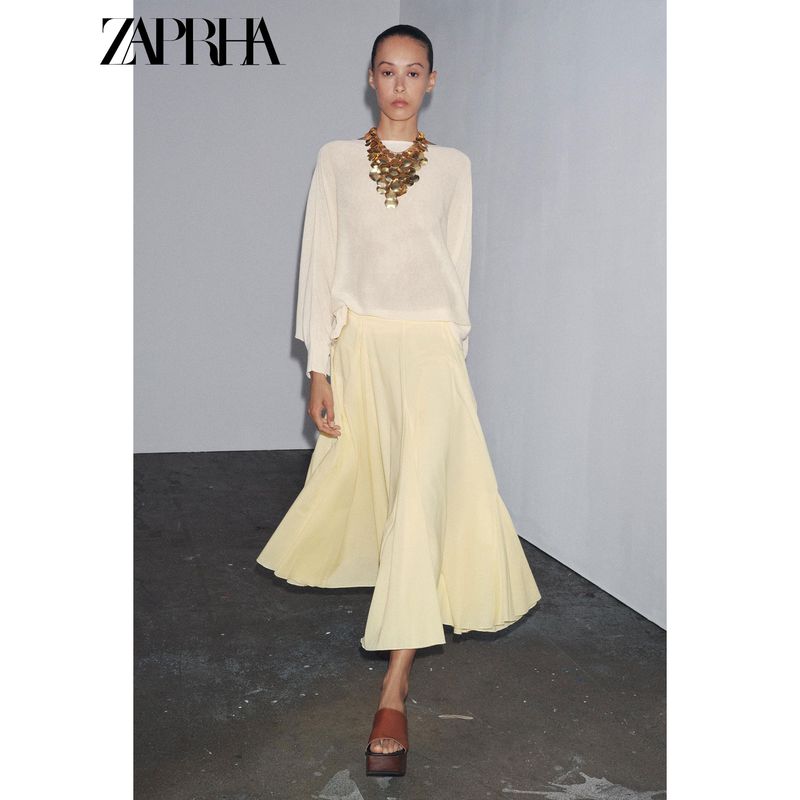 Zaprha 2025 Summer New Fashion A Word Hem Wide Hem Pleated Midi Waist Skirt 4786249