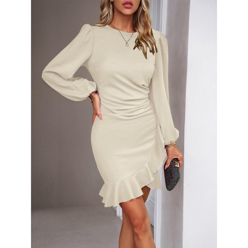 Осень Зима Круглый вырез Элегантная Мода Однотонное Платье Бодикон с Рюшами Женщины Фонарик Длинный рукав Халат Vestidos