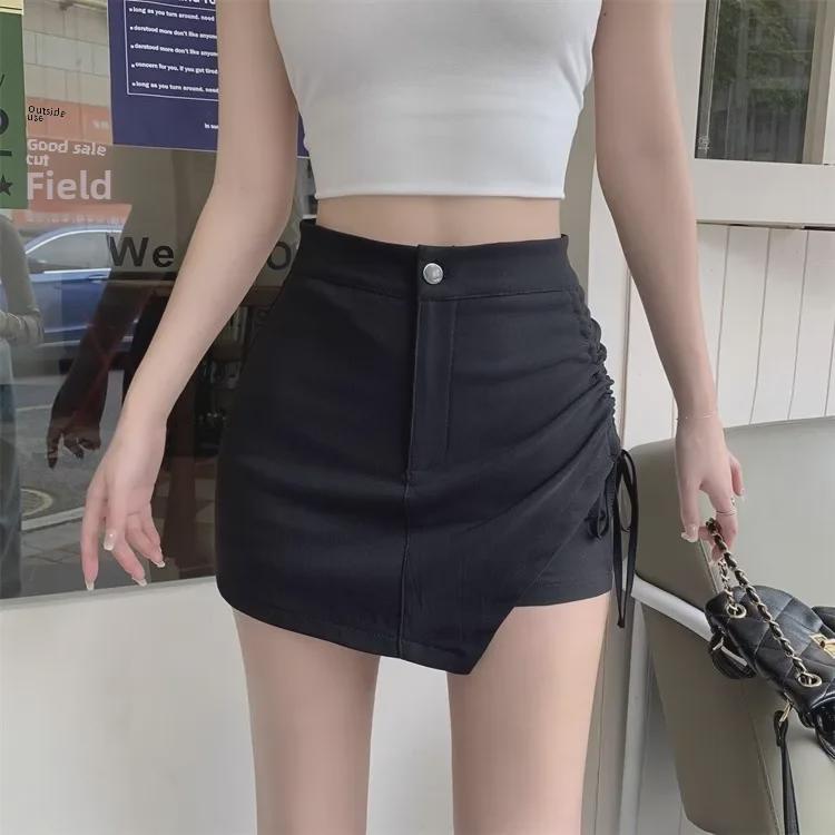 Women's High Waist Black A-Line Mini Skirt - Slim Fit, Irregular Hem, Casual Springwear - Small Size