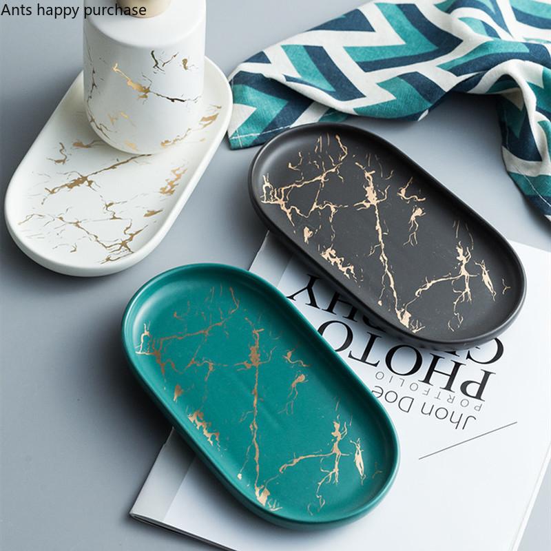 Керамический поднос для хранения Nordic Elliptical Marble Plate Jewelry Skin Care Тарелка Аксессуары для ванной комнаты Поднос для хранения Tricolor Household