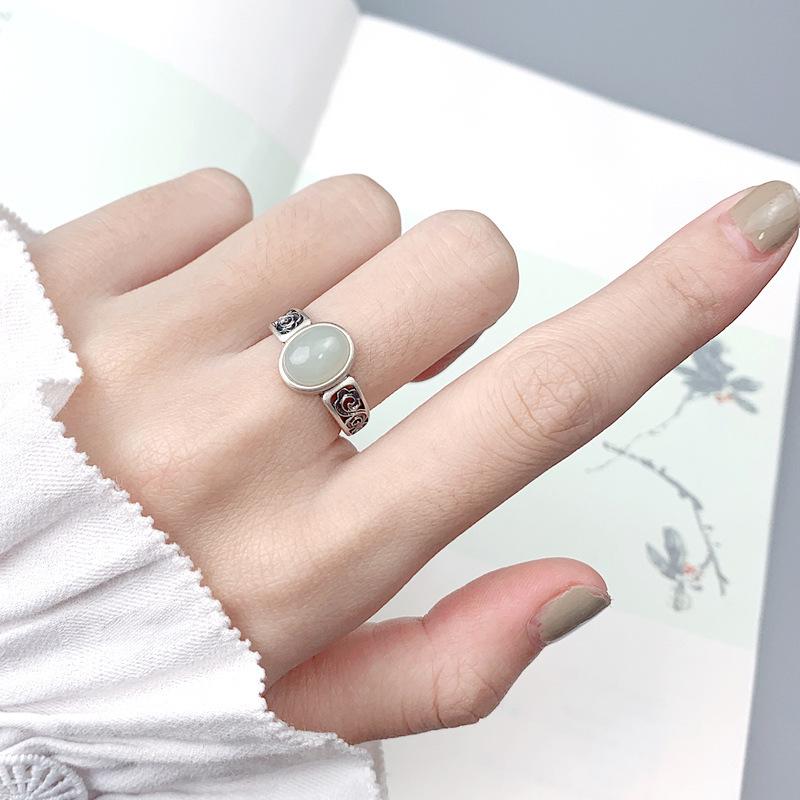 Elegant Openwork 925 Sterling Silver Hetian Jade Cabochon Ring for Men and Women - Light Surface Index Finger Ring