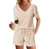 Женский летний комплект из 2 предметов: футболка с коротким рукавом и V-образным вырезом, эластичные шорты на талии, однотонный свободный покрой, повседневный наряд