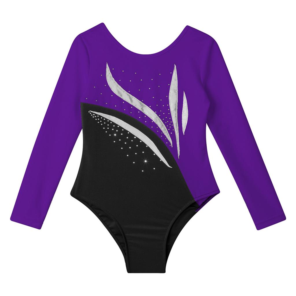 Children Girls Stylish Leotards Round Neckline Shiny Rhinestone Jumpsuit Gymnastics Skating Bodysuit