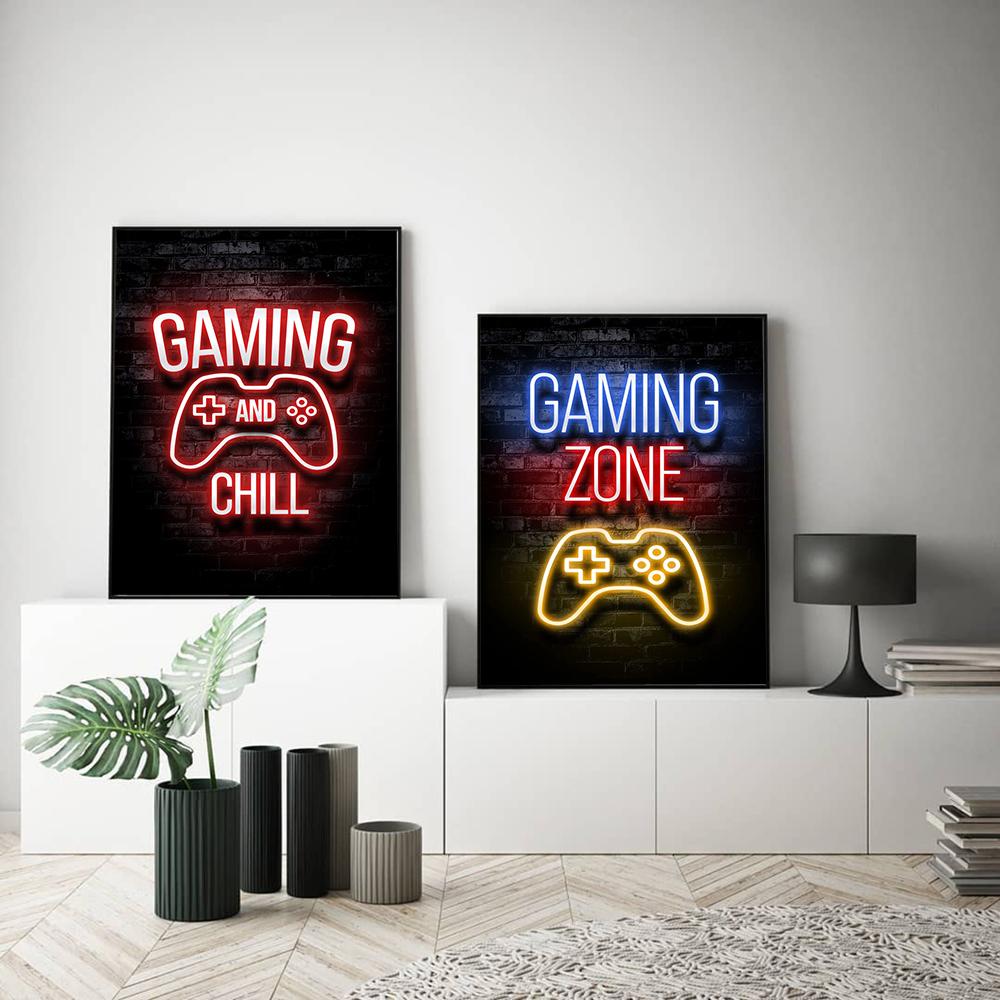 Modern Lights Gaming Zone Industrial Neon Wall Art Canvas Painting Posters Picture For Internet Cafe Bar Boy Room Home Decor