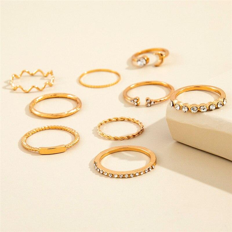 Modyle 9 шт./набор Роскошные кольца с кристаллами и золотистым покрытием для женщин и мужчин, шармы, луна, скручивание, волна, геометрический сплав, бохо-украшения