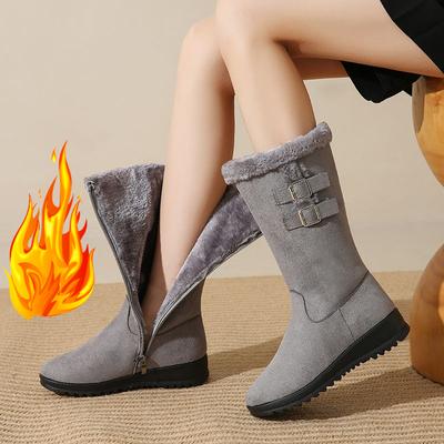 Зимние женские черные ботинки до середины голени, классические ботинки на низком каблуке, танкетке, с боковой молнией, длинные ботинки для активного отдыха, снегоступы с плюшевой подкладкой