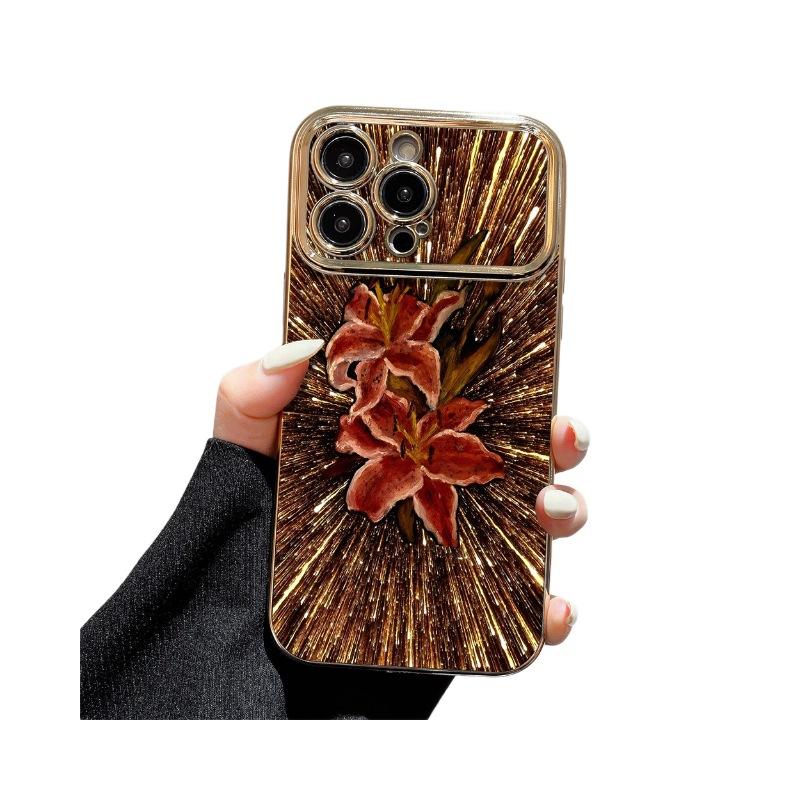 For Retro Red Lily Premium TPU Electroplated Gold Shockproof Ins Style Mobile Phone Case