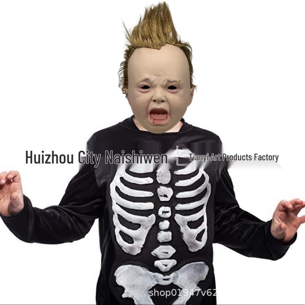 Crying Child Latex Mask with Wig - Handsome Guy Style Halloween Old Man and Young Person Face Mask