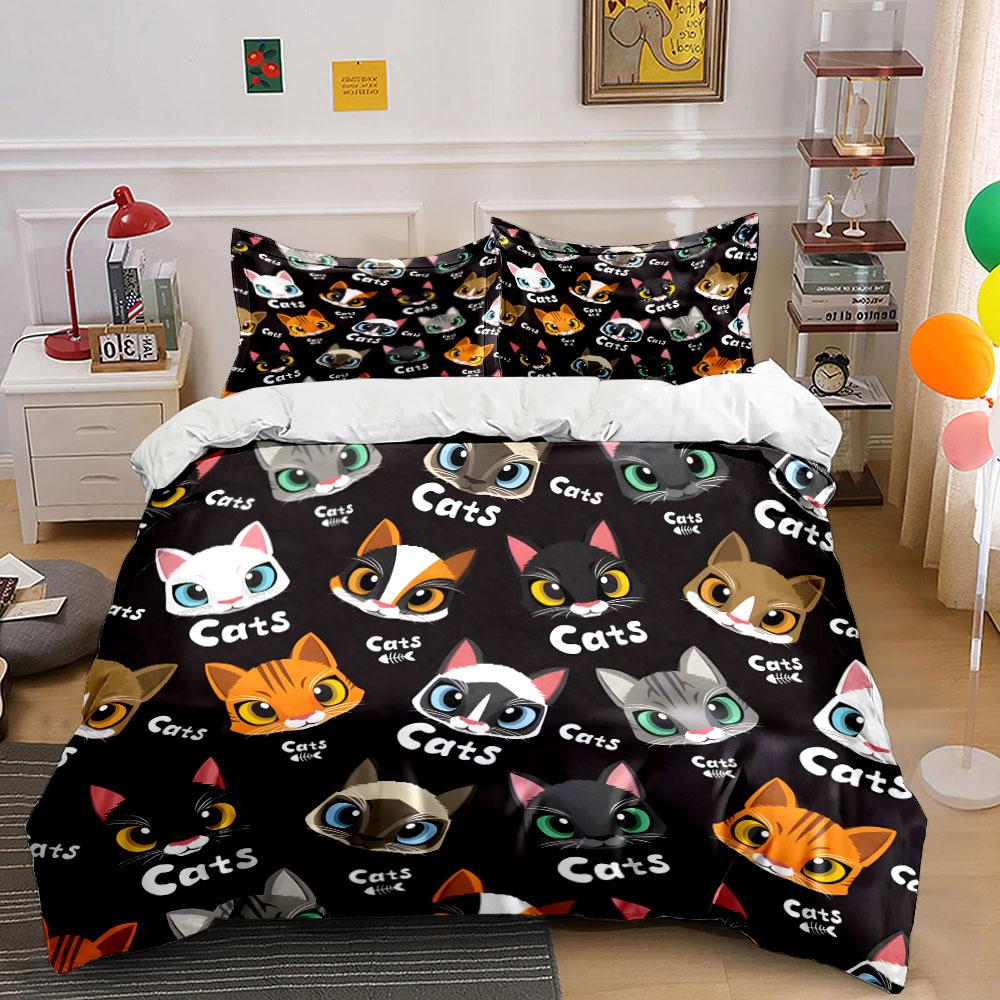 Cute Cartoon Cat Faces Pattern Bedding Duvet Cover Set (1*Duvet Cover 2*Pillowcases, without duvet insert)