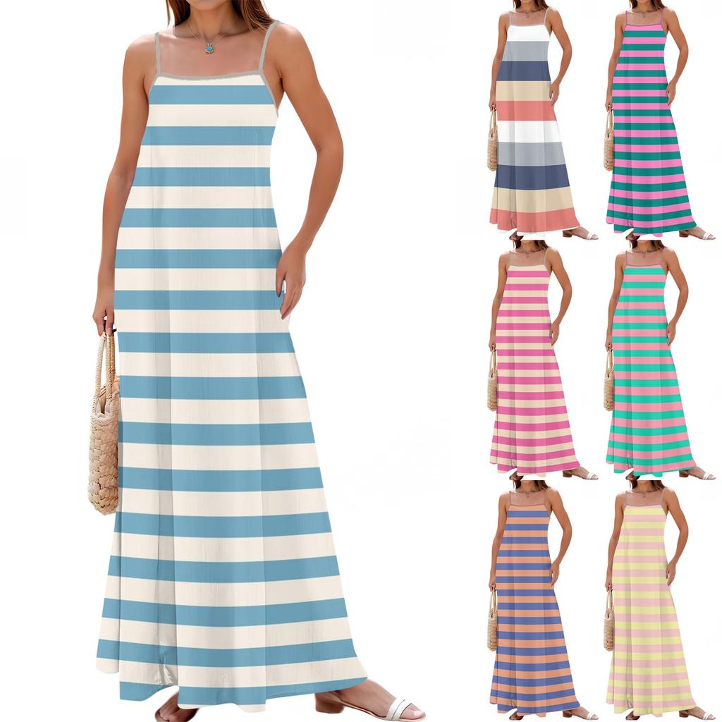 Women's Spring And Summer Casual Fashion Adjustable Suspenders Printed Long Dress