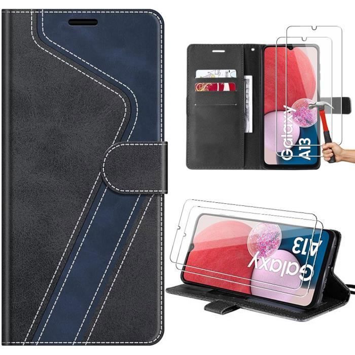 Coque pour Samsung Galaxy A13 5G et Galaxy A04s, Noir, Protection folio Effet Cuir, Support Intégré + 2 Verres Trempés