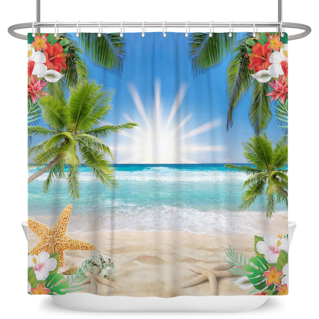 Tropical Starfish Shower Curtain with Hooks Waterproof Polyester Bathroom Curtain Ocean Beach Design Easy Clean Bathtub Curtains
