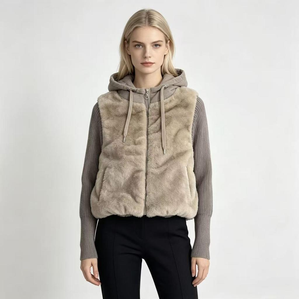 Fake two-piece knitted splicing sleeves imitation mink short jacket women's small cotton jacket
