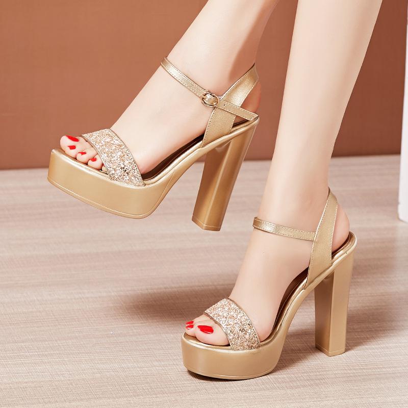 Ankle Strap Square High Heels Women Summer Roman Sliver Gold Sandals Large Size Thick Platform Shoes For Female A0027