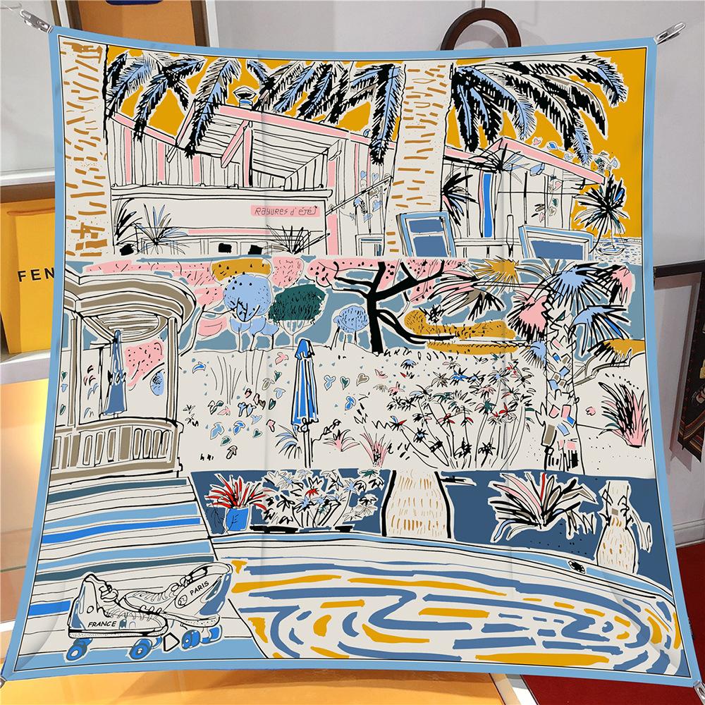 New Design Shawl Ocean Villa Printed Silk Scarf 90CM Square Scarves Lady Wraps Kerchief Woman Neck Shawl Wraps Echarpes