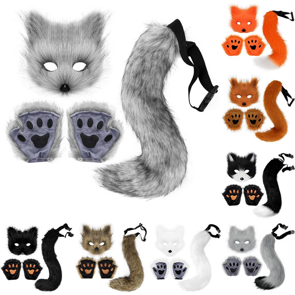Therian Mask+Tail+Gloves Set Halloween Cosplay Costume Accessories Fox Mask Tail Half Face Faux Furs Foxy Tail Cat Mask