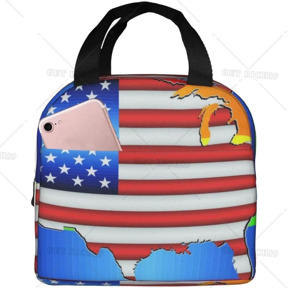 Сумка-тоут с американским флагом для обеда для женщин и мужчин, многоразовый изолированный контейнер для обеда-холодильника с карманом для работы в офисе