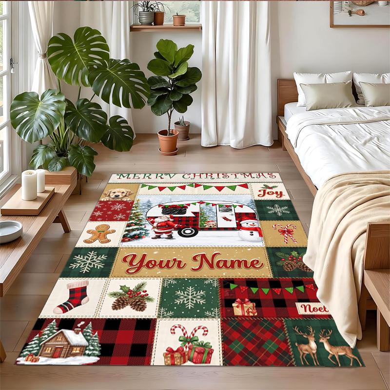 Christmas Custom Name Printed Square Area Rug Soft Non Slip Floor Carpet For Bedroom Holiday Gift