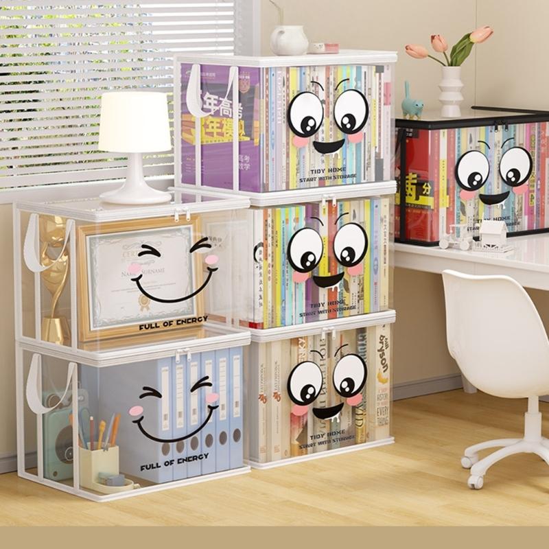 Clear PVC Book Storage Box Large Opening Design Double Handles Pliable Organiser for Home Office Classroom