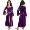 Kids Girls Medieval Princess Velvet Dress Long Flare Sleeve Retro Patterned Band Dress Up Costumes