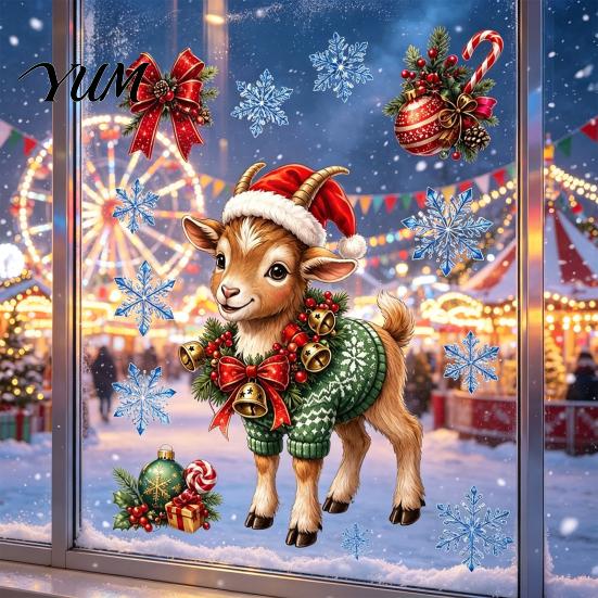 Seasonal Window Art Christmas Sheep Cling, PVC Static Glass Stickers, Reusable Cartoon Party Decor Lamb Sticker for Holiday Home Store Decoration