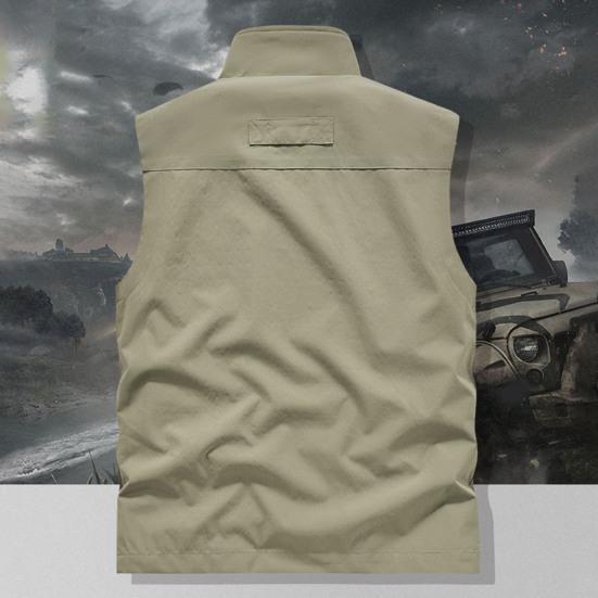 Мужской жилет с воротником-стойкой, без рукавов, застежка-молния, жилет с большими карманами, однотонный жилет для рыбалки на открытом воздухе