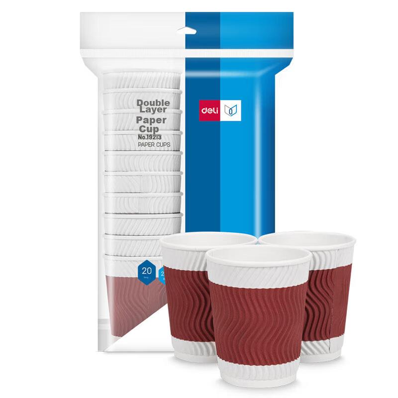 Deli (Deli) 228ml Disposable Paper Cups, Water Cups, Non-Slip Three-Layer Thickened Wavy, Red, Pack of 20