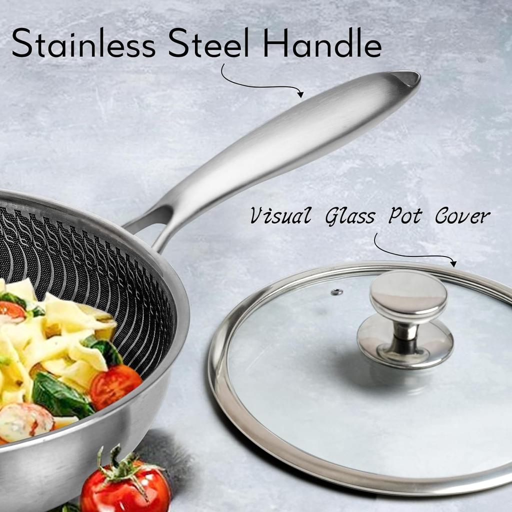 Сковорода из нержавеющей стали с антипригарным покрытием, крышкой и охлаждающей ручкой, 10-дюймовая сковорода из нержавеющей стали с сотами