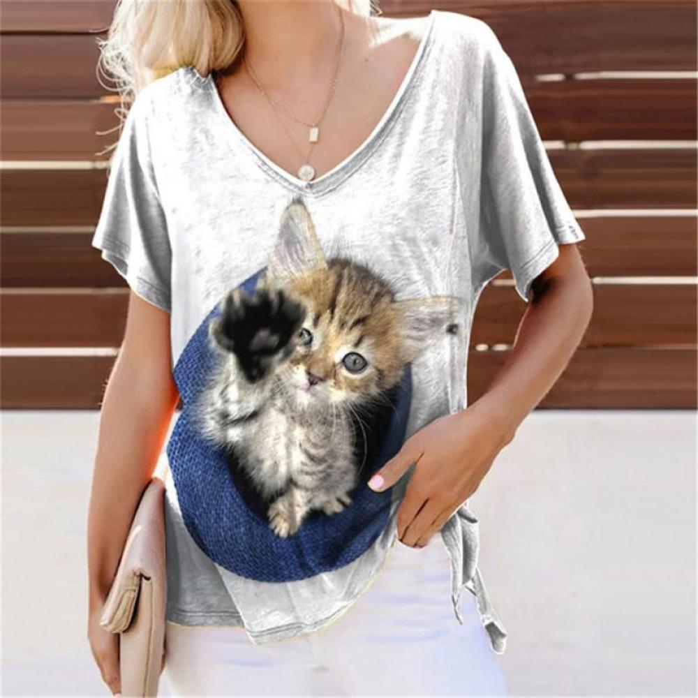 Летние милые футболки с 3D-принтом кошек, женские повседневные футболки с V-образным вырезом и коротким рукавом, Y2k, харадзюку, футболки с животными, свободные топы, женская одежда