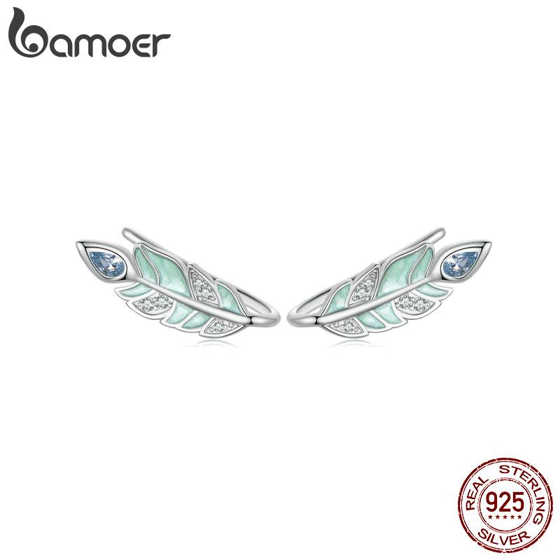 Женские серьги-гвоздики BAMOER из стерлингового серебра 925 пробы с мятно-зеленой эмалью и перьями, подарок на день рождения, изысканные ювелирные изделия