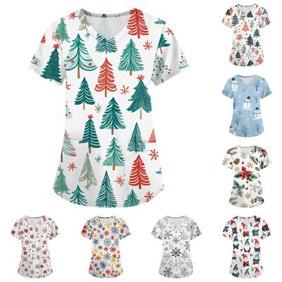 Женская модная футболка с короткими рукавами и v-образным вырезом с принтом, маленькая рабочая футболка с карманами