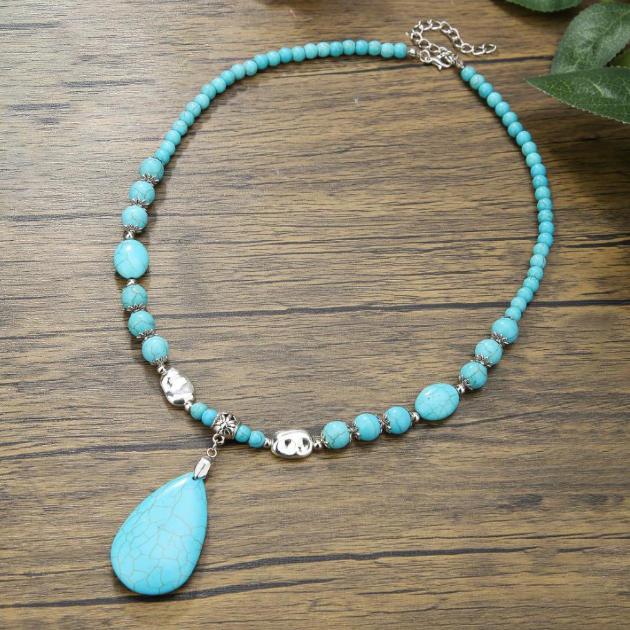 Доступно несколько стилей Ожерелье для женщин Натуральная бирюза Бижутерия Нишевый смысл Подвеска в виде двойной капли Бирюза Красивое элегантное ожерелье