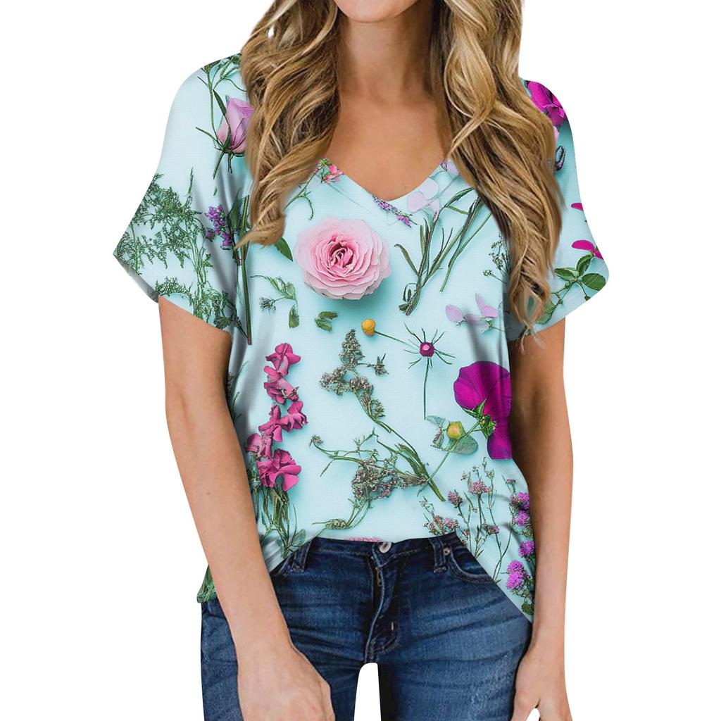 Женская летняя модная повседневная блузка с V-образным вырезом и коротким рукавом с принтом