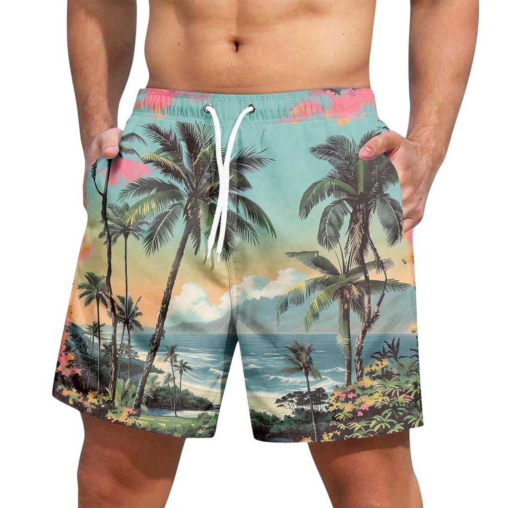 Men's Fashion Hawaiian Print Elastic-Waisted Casual Yoga Pants Beach Shorts