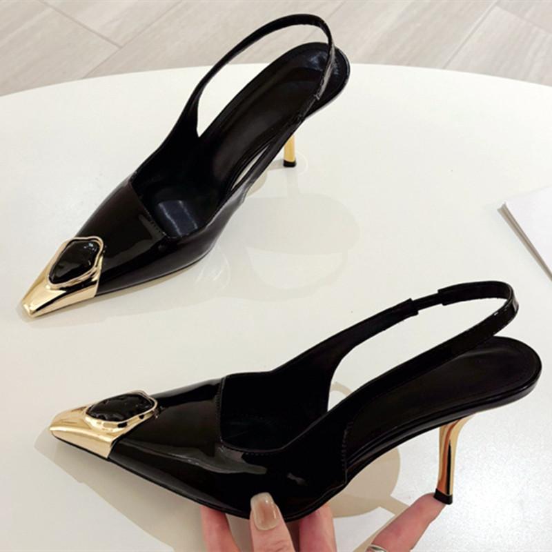 Fashion Metal Jewelry Decorated High Heels Women Sexy Pointed Toe Patent Leather Slingback Heeled Sandals Elegant Party Wedding Shoes