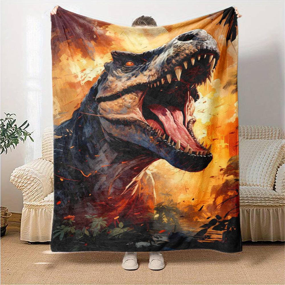 T‑Rex Dinosaur Burning Wild Jungle Art Print Flannel Blanket Soft Warm Throw Blanket for Sofa Bed Living Room