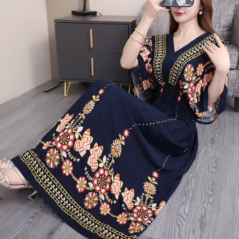 Этническое платье с V-образным вырезом и короткими рукавами из вискозы с французско-тайским принтом для женщин, к 25-летнему юбилею