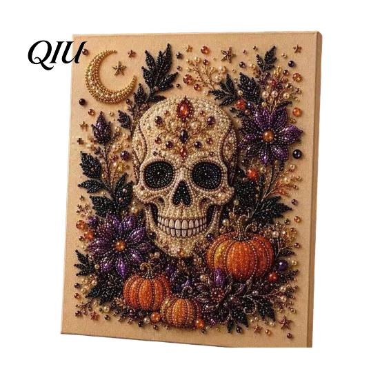 Handmade Home Decoration Supplies Ghost Faux Pearl Art DIY Kit with Frame, Halloween Cat Painting Bead Mosaic Kits for Relaxation Kit, 3D