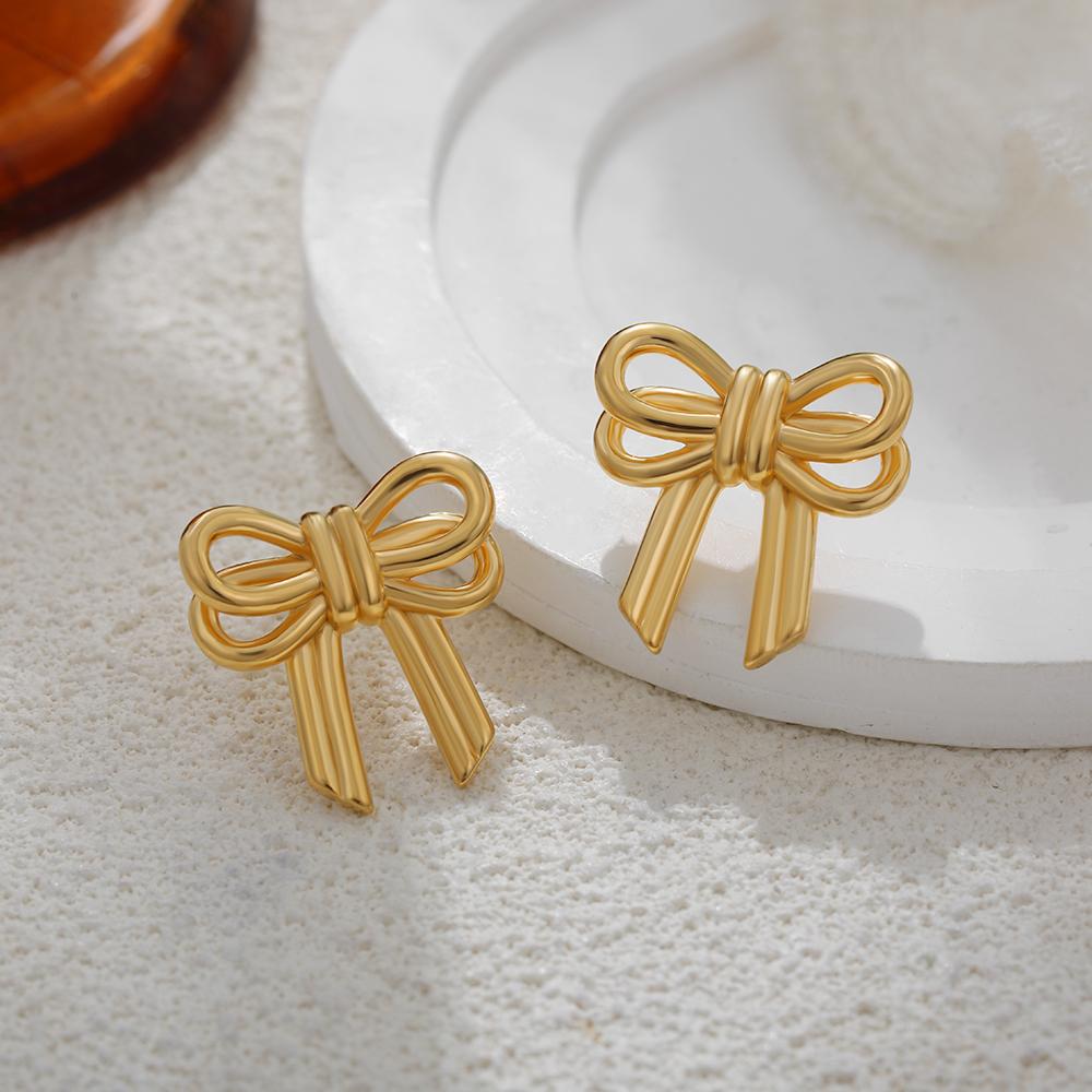 Luxury 18K Gold Plated Bowknot Earrings, Exquisite Liquid Ribbon Ear Studs Party Jewelry Anniversary Birthday Gift for Women New