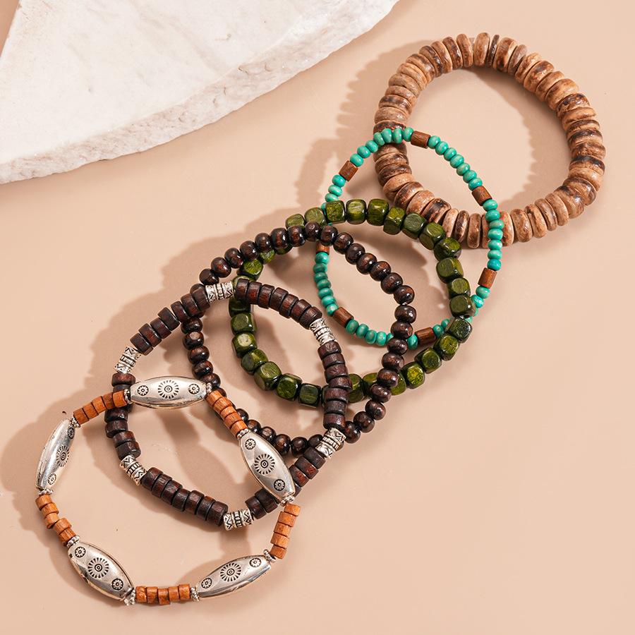 6 Pcs Ethnic Style Coconut Shell Wood Beaded Bracelets Vintage Bohemian Strand Bracelets for Women Men Charms Jewelry Sets E1