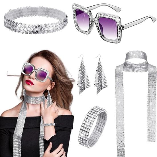 5 Pcs/Set Women Jewelry Set Sequin Rhinestone Decor Vintage 60s 70s Disco Party Favors Cosplay Earrings Sunglasses Bracelet Headband Scarf Set