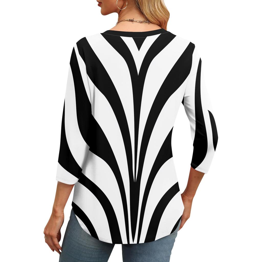 Женская модная футболка с круглым вырезом и рукавом 3/4 с принтом, повседневная, базовая, плиссированная, пуловер