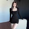 2025 Sexy Spice Style Square Neck Long Sleeve Pleated Tight Dress Women