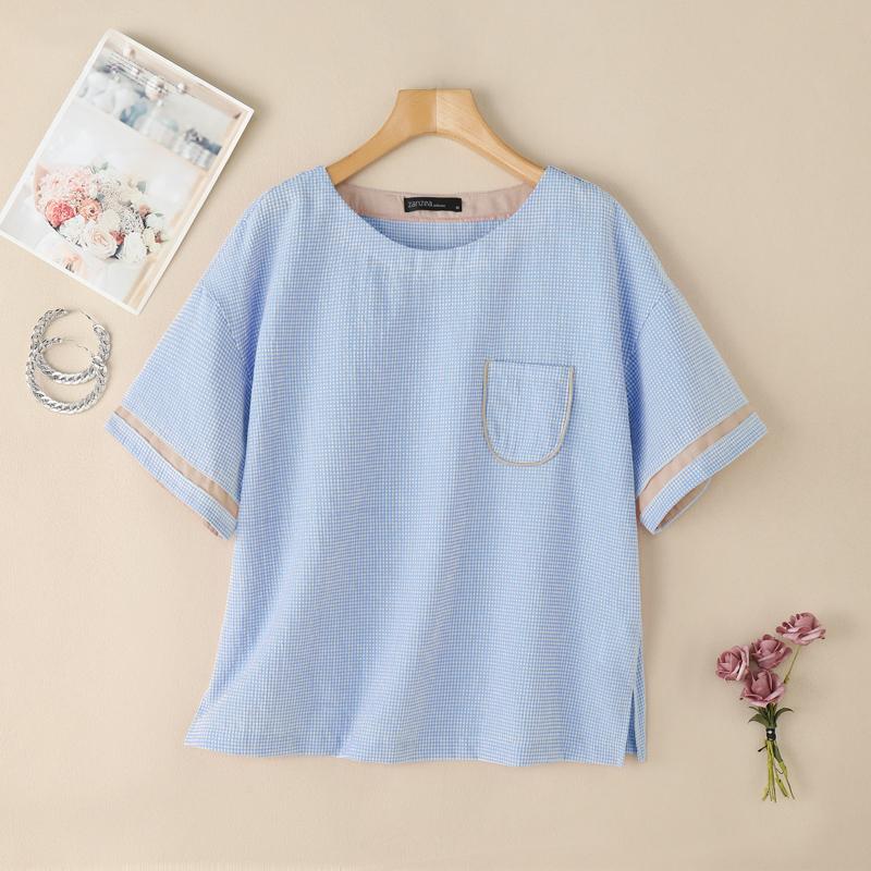 ZANZEA Women Summer Round Neck Casual Grid Print Short Sleeve Blouse