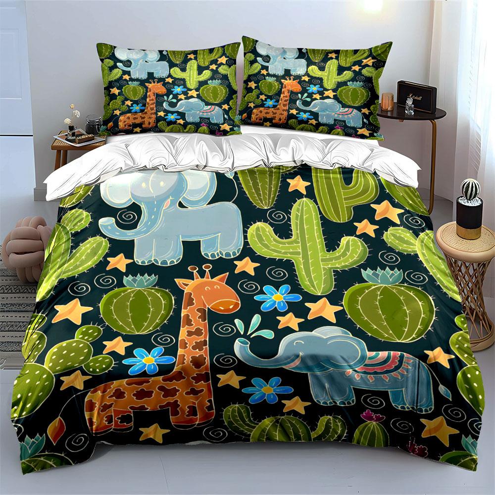 Cartoon Safari Animals & Cactus Bedding Duvet Cover Set (1*Duvet Cover 2*Pillowcases, without duvet insert)