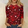 Женская мода, повседневная свободная футболка с принтом на День святого Валентина и круглым вырезом, рукав 3/4, женский топ