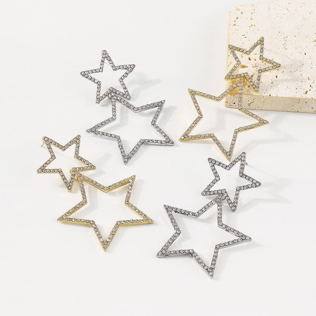 Trendy Double Layer Pentagram Rhinestone Earrings Sexy Korean Style Fashion Personality Elegant Dangle Earrings For Women