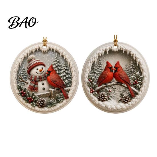 Warm Companionship Winter Decor 2 Pcs Red Bird Christmas Ornaments, 2D Round Acrylic Snowy Scene Thoughtful Presents for Friends Xmas Tree Hanging