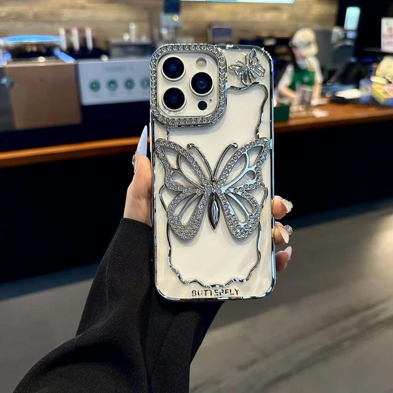 Чехол-бабочка с блестками, кристаллами и бриллиантами для iPhone 17 AIR 16 15 14 Plus 13 17 16 Pro Max, прозрачный, с покрытием, противоударный чехол 16