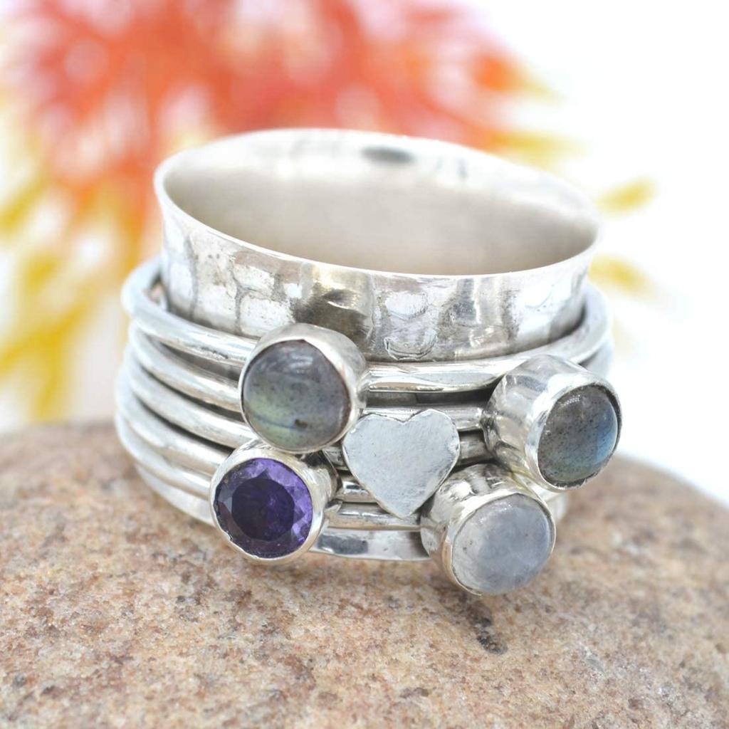 Серебро 925 пробы, кольцо с несколькими драгоценными камнями, кольцо-спиннер ручной работы, ювелирные изделия в стиле бохо, дизайнерское кольцо, эффектное кольцо. Спиннер-бэнд